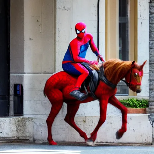 Prompt: spiderman riding a horse