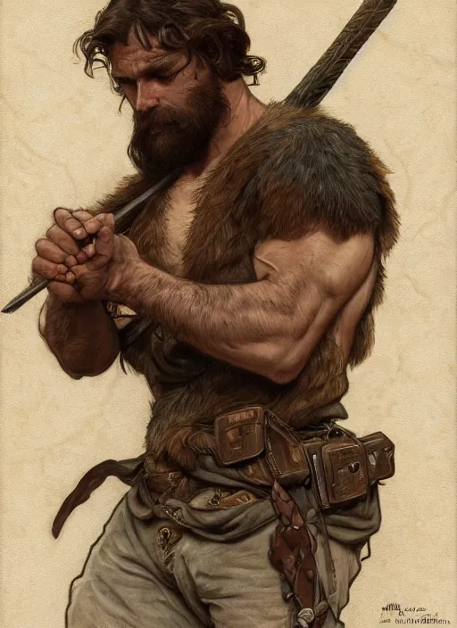 Image similar to portrait of a rugged ranger, muscular, upper body, hairy torso, D&D, fantasy, intricate, elegant, highly detailed, digital painting, artstation, concept art, smooth, sharp focus, illustration, art by alphonse mucha