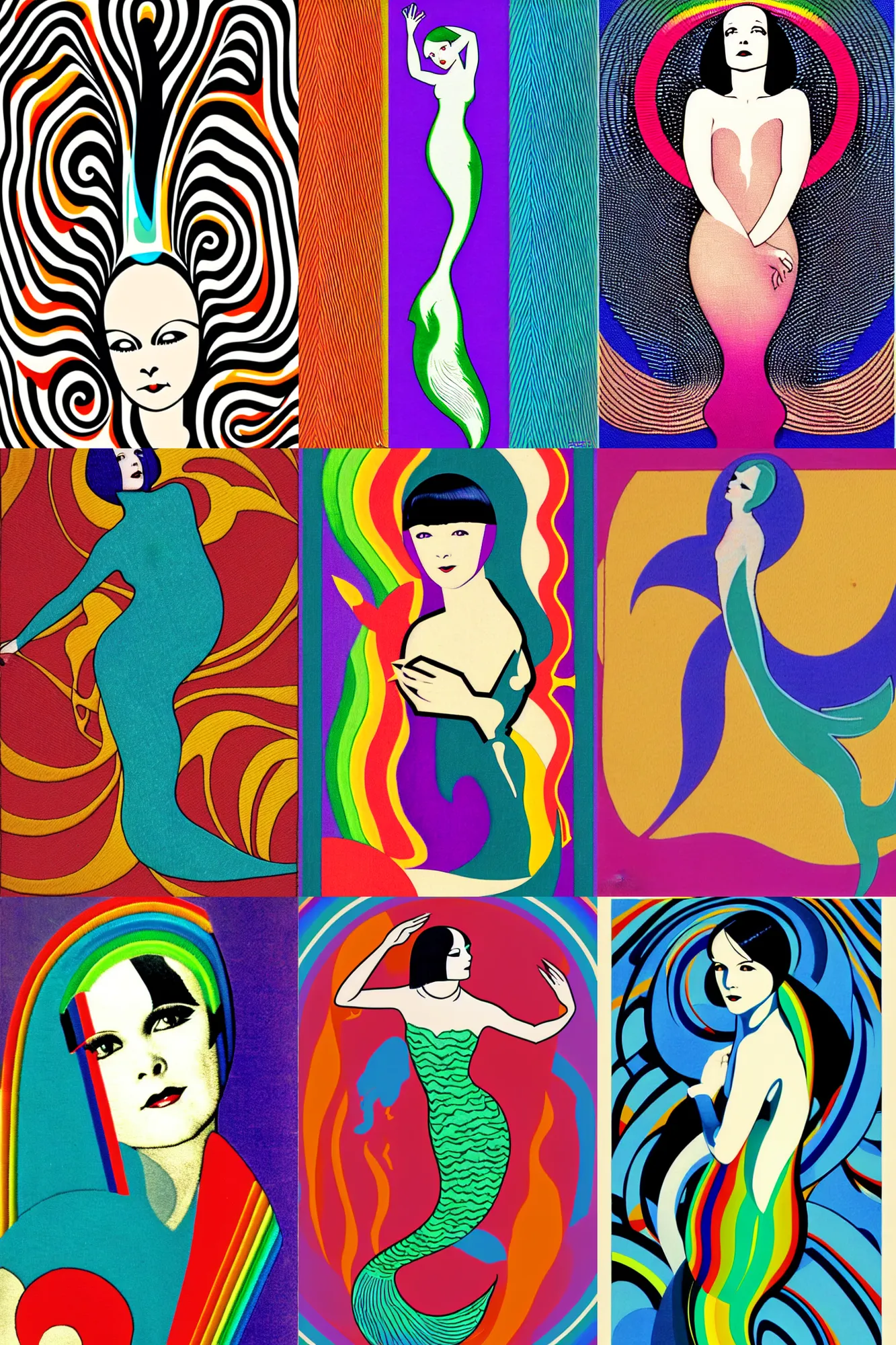 Prompt: vector patch logo of mary louise brooks as a mermaid, ross tan, op art, rainbow, 1 9 2 0 s, art deco