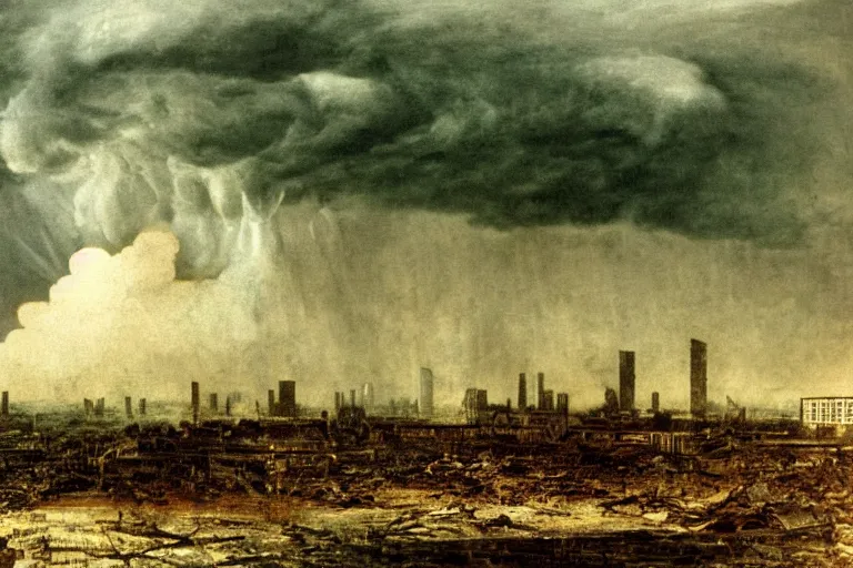 Image similar to nuclear explosion in a destroyed city during a thunderstorm, pictorialism, desolate