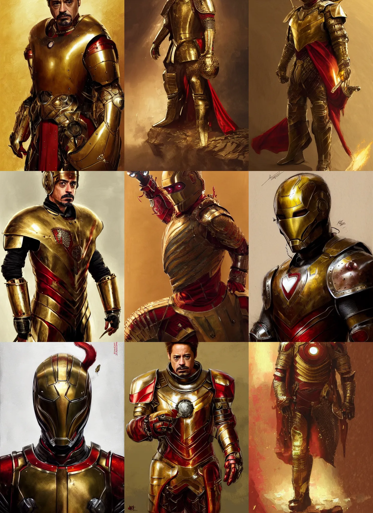 Prompt: Robert Downey jr with golden and red medieval armour, olive skin, intricate, elegant, highly detailed, digital painting, artstation, concept art, sharp focus, illustration, art by aleksi briclot and greg rutkowski