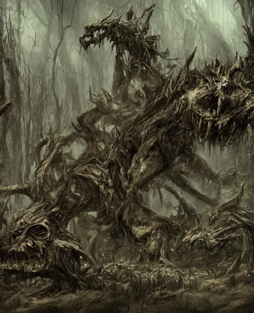 Image similar to concept art of a demon hound on a forest made of corpses, big trees, skeletons, epic painting, dark concept art, octane render, extremely detailed