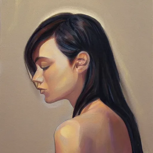 Prompt: painting, young woman, side view, short brown hair, blue eyes, crying