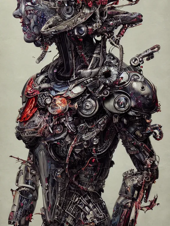 Image similar to art portrait of an undead ghost in the shell, intricate detailed armour ,8k,by tristan eaton,Stanley Artgermm,Tom Bagshaw,Greg Rutkowski,Carne Griffiths, Ayami Kojima, Beksinski, Giger,trending on DeviantArt,face enhance,hyper detailed,minimalist,cybernetic, android, blade runner,full of colour,