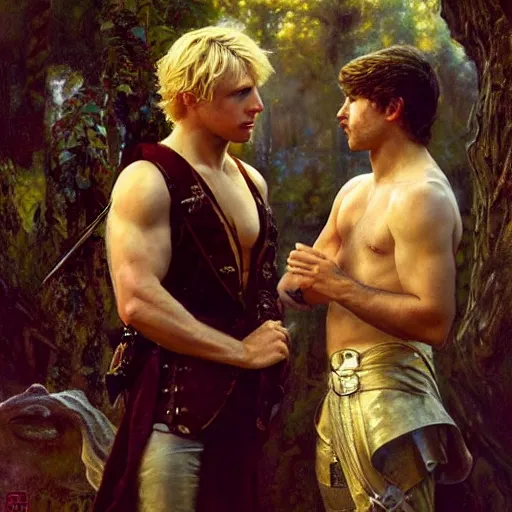 Image similar to attractive male, arthur pendragon who has blond hair confesses his love to attractive male, merlin who has dark hair. highly detailed painting by gaston bussiere, craig mullins, j. c. leyendecker 8 k