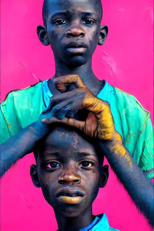 Prompt: portrait of a african young boy nor living in a death postapoliptic world, painted in acrylic, pigment, in the colors hot pink and cyan, beautiful realistic face, rule of thirds, soldier outfit, spotlight, by greg rutkowski, by jeremy mann, by francoise nielly, by van gogh, by ross tran, digital painting