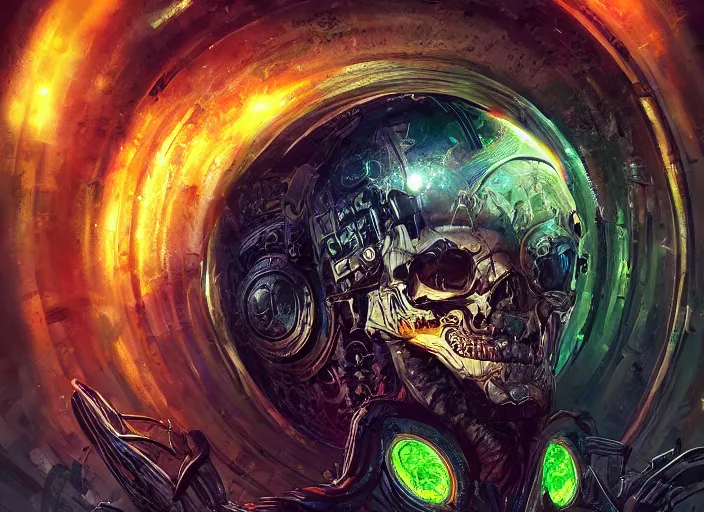 Image similar to a futuristic skull with glowing eyes and a wormhole tunnel cyberpunk art by android jones, featured on artstation, darksynth, synthwave