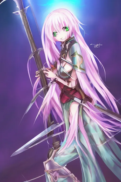 Image similar to an anime girl warrior princess holding a sword, candy pastel, backlighting, trending on pixiv, digital art, by kawacy