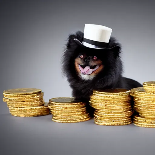 Image similar to A pomeranian wearing a top-hat, sitting on top of a large pile of gold coins