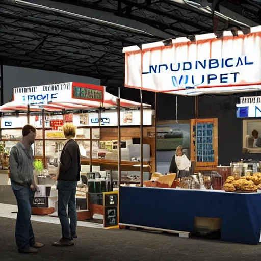 Image similar to a scene of a market stall at a trade show from the film a minority report taken from a distance, cinematic, dslr, unreal engine, hyper realistic