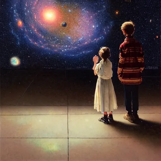 Image similar to a 1 2 year old boy and 1 0 year old girl looking at a wall and viewing the universe full of galaxies, part by norman rockwell, part by greg rutkowski, part by mattias adolfsson, high angle, ( ( ( ( volumetric lighting ) ) ) ), oil on canvas - 7 6 8