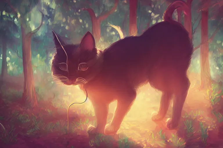 Image similar to cat in the forest, warm backlighting, digital art, trending on artstation, fanart, by kawacy