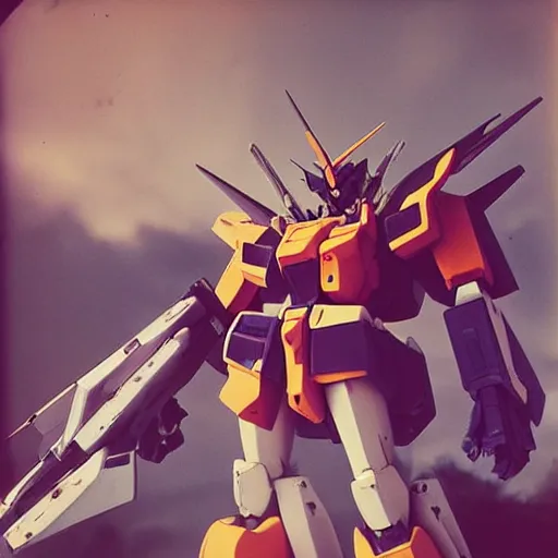 Image similar to “A wide shot of a gigantic Gundam, dreamcore aesthetic, taken with a Pentax K1000, Expired Burned Film from 1930s, Softbox Lighting, 85mm Lens”