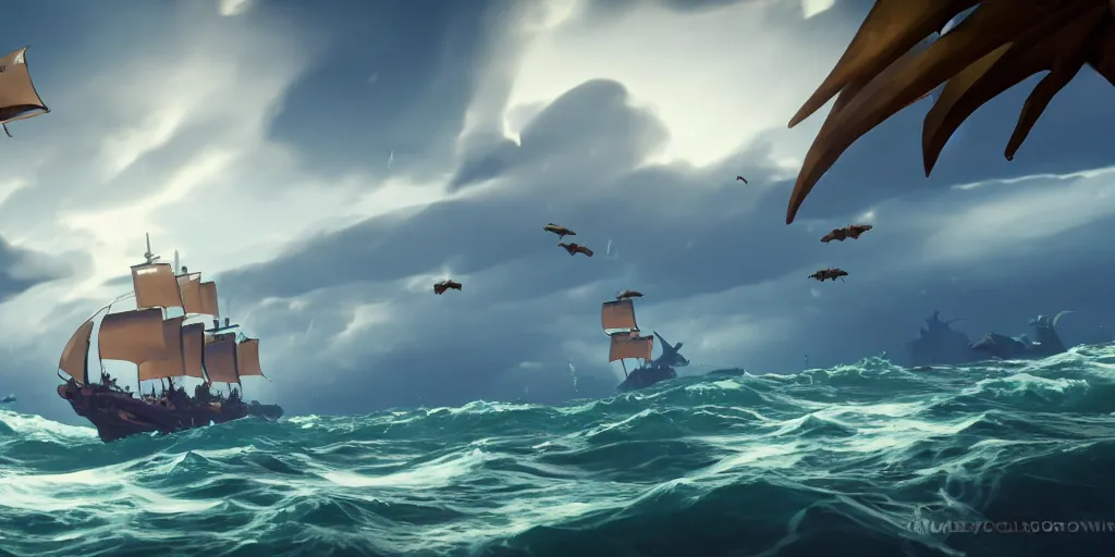 Image similar to a group of stingrays flying in the sky in a rough sea, sea of thieves style, greek temples flying, unreal engine, cinematic, waves, fog, clouds, rain