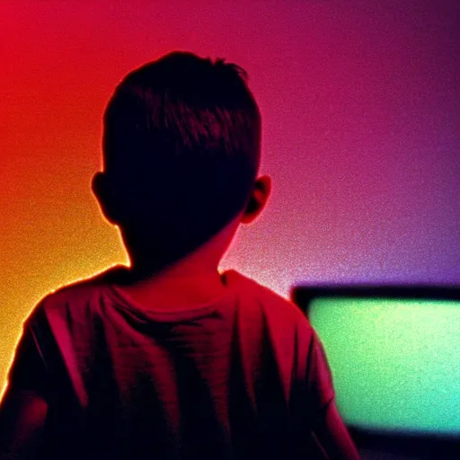 Image similar to defined colours 4k professional photograph of a standing figure of a five years old boy in front of a PC computer from 90s in the bedroom. from the 1994 Movie by Terrence Malick and Gaspar Noé and Alan Parker. high resolution, ultra details, high quality