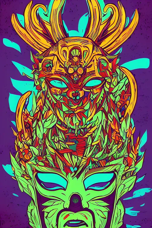 Image similar to animal mask totem roots flower tribal feather gemstone plant wood rock shaman vodoo video game vector cutout illustration vivid multicolor borderlands comics by josan gonzales and dan mumford radiating a glowing aura