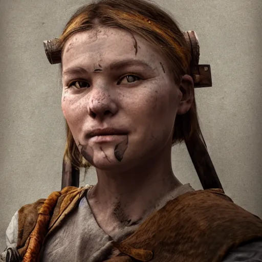 Image similar to a portrait of a female Viking warrior, rustic and weathered, holding a bow, retro, with a scar on her face. trending on artstation, ambient lighting, 4k render, ultra hd, behance art