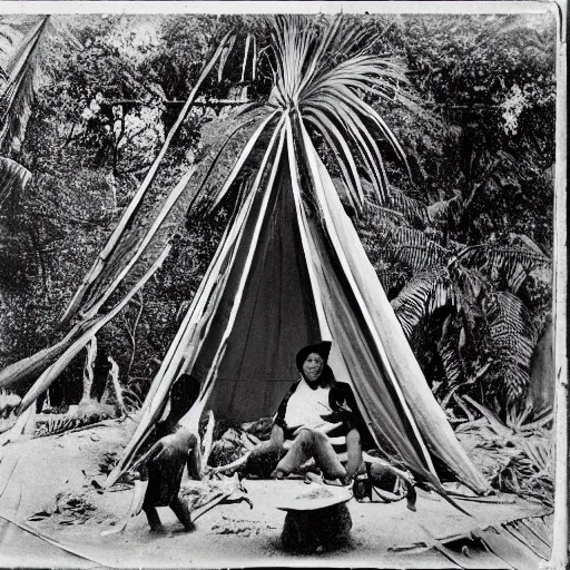 Image similar to lost film footage of a sacred ( ( ( indigenous ) ) ) artifact in the middle of the ( ( ( ( ( ( ( ( ( ( tropical jungle ) ) ) ) ) ) ) ) ) ) / ethnographic object / film still / cinematic / enhanced / 1 9 0 0 s / black and white / grain