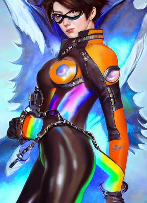 Image similar to portrait digital artwork of tracer overwatch, wearing iridescent rainbow latex and leather straps catsuit outfit, in style of mark arian, angel wings, dramatic painting, wearing detailed leather collar, chains, black leather harness, detailed face and eyes,