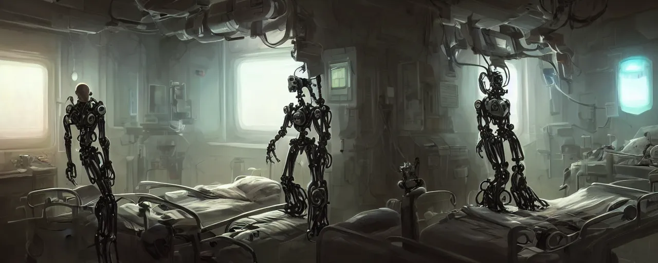 Prompt: an intricate concept art of a man in the hospital as experimental mechanical robot, concept art, style by dylan cole and tyler edlin art, hyper realistic, sci - fi, environment design, low - angle shot, unreal engine, epic lighting,