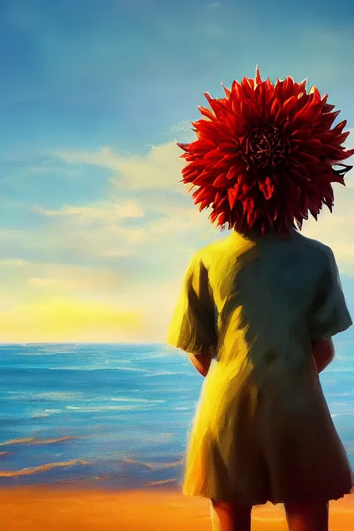 Image similar to closeup huge dahlia flower head, girl standing on beach, surreal photography, blue sky, sunrise, dramatic light, impressionist painting, digital painting, artstation, simon stalenhag