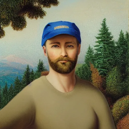 Prompt: portrait of a white man with a black baseball cap and brown beard on the summit of a forested mountain in the style of pointillism, abstract art