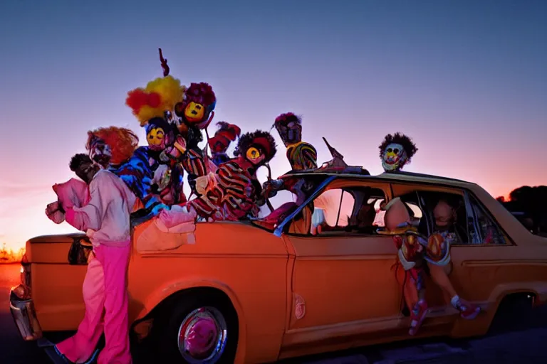 Image similar to 2 0 clowns leaving a clowncar at a california drive in, in 2 0 1 2, cutecore clowncore, bathed in the the glow of the sunset, low - light photograph, in style of tyler mitchell