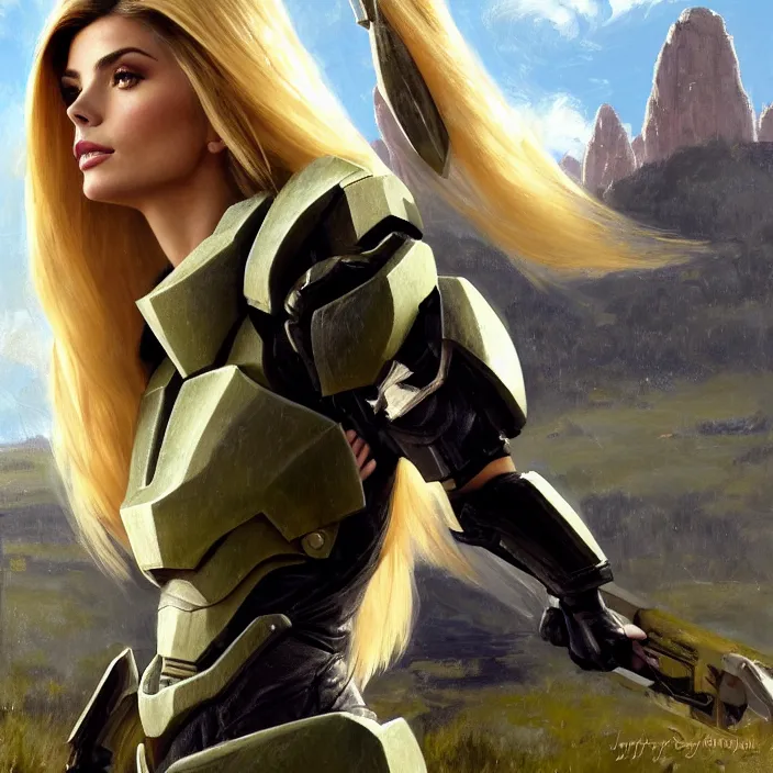 Prompt: portrait of a combination of Ashley Greene, Victoria Justice and Adriana Dxim, Grace Kelly and Lily Collins with blond hair wearing Forerunner armor from Halo, countryside, calm, fantasy character portrait, dynamic pose, above view, sunny day, thunder clouds in the sky, artwork by Jeremy Lipkin and Giuseppe Dangelico Pino and Michael Garmash and Rob Rey and Greg Manchess and Huang Guangjian, very coherent asymmetrical artwork, sharp edges, perfect face, simple form, 100mm