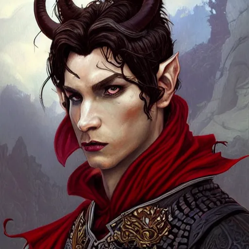 Prompt: an epic fantasy comic book style portrait painting of a male teifling rouge in dark tunic, with medium long dark hair, d & d, fantasy, intricate, elegant, highly detailed, digital painting, artstation, concept art, matte, sharp focus, illustration, art by artgerm and greg rutkowski and alphonse mucha