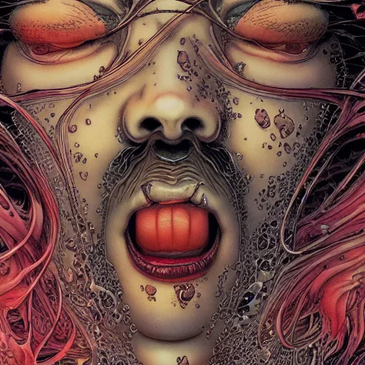 Image similar to closeup of face melting and tongues, by yoichi hatakenaka, masamune shirow, josan gonzales and dan mumford, ayami kojima, takato yamamoto, karol bak