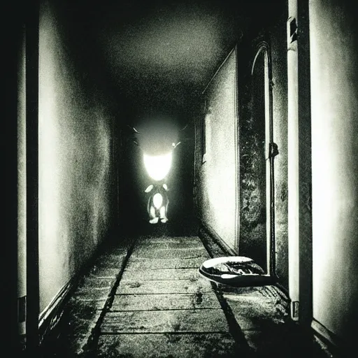 Image similar to sonic the hedgehog, creepy, horror, off - putting, dark, hallway, photo, paranormal