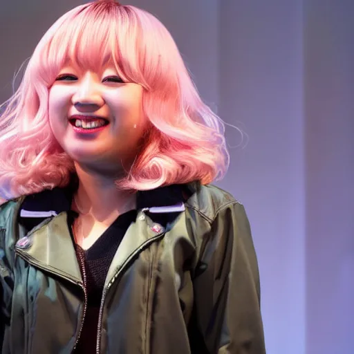 Prompt: chiaki nanami, a japanese girl with light beige-pink hair in a bob that curls outward, a galaga hairpin, a dark turquoise hoodie, and a kind smiling face stars in her own broadway show, chiaki nanami from danganronpa, proshot getty images fullbody stage lights, gamer themed, professional photography