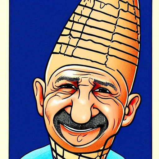 Image similar to ben kingsley is an ice cream ball in an ice cream cone. caricature, colorful ink, by moebius