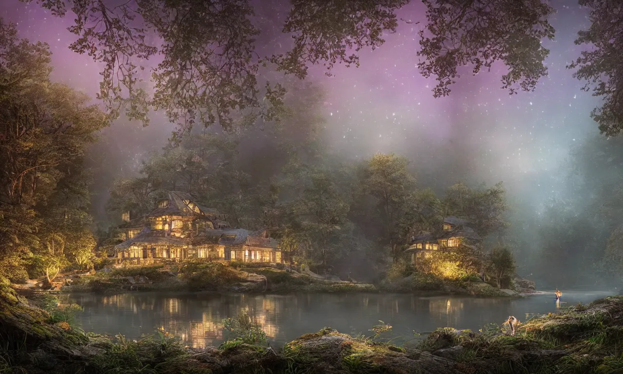 Prompt: a stunning well lit renaissance lake house with lamps, a beautiful lake in the foreground, moonlit night dreamy atmosphere, highly detailed twigs and plants in the forest, bioluminescent butterflies in the fog in a bokeh background, deep colors, photorealistic digital arts, smooth and rich color scheme, artstation, 8K