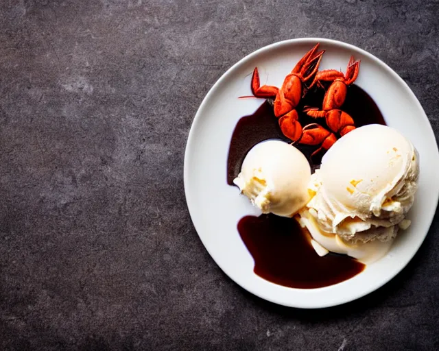 Image similar to dslr food photograph of a plate of lots of vanilla ice cream and a crawfish, some chocolate sauce, 8 5 mm f 1. 4