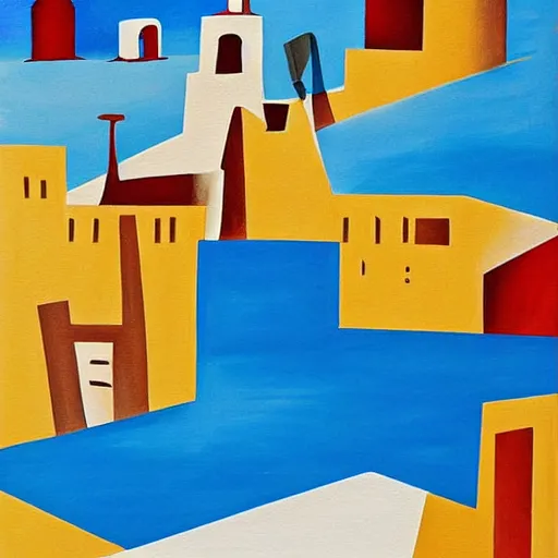 Prompt: cubism art print painting of Santorini, by Andre Baldet, gouache painting, high definition, digital art,