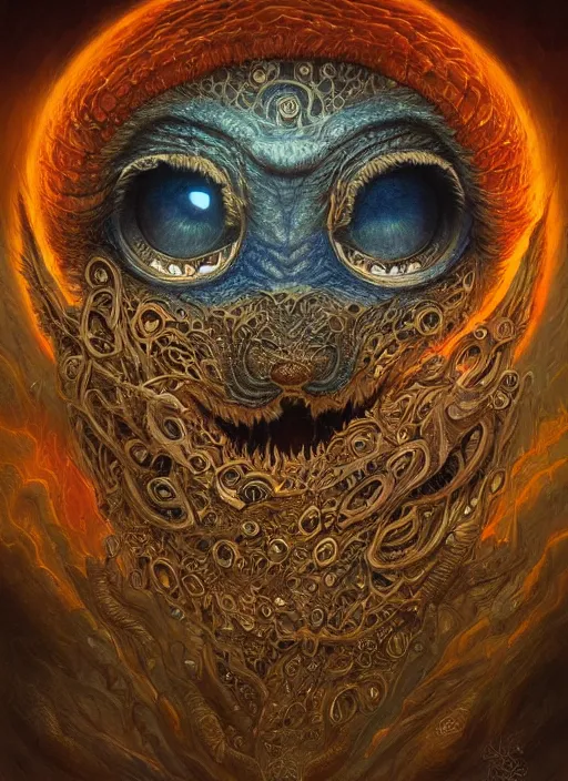 Image similar to cookie monster glowing eyes, shamanic poster lsd art, intricate, elegant, highly detailed, centered, digital painting, artstation, concept art, smooth, sharp focus, illustration, artgerm, tomasz alen kopera, peter mohrbacher, donato giancola, joseph christian leyendecker, wlop, frank frazetta