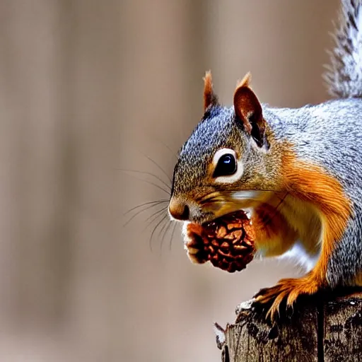 Image similar to A squirrel with a helmet made of acorn, real photo