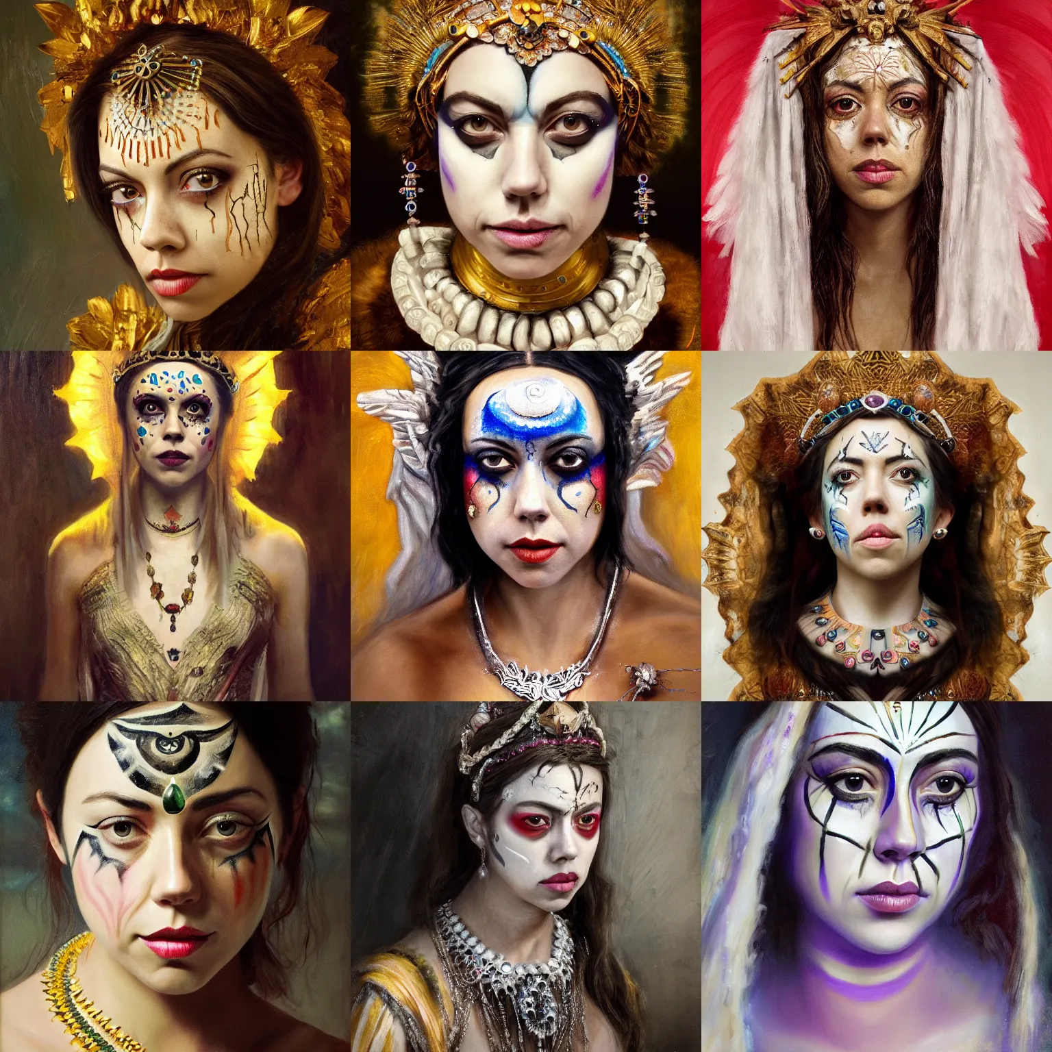 Prompt: aubrey plaza as the goddess of ghosts. intricate jewelry and face paint, flowing clean 4 k art trending on artstation by monet, rembrandt, oil painting, digital