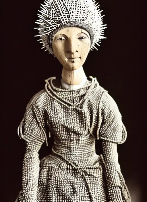 Image similar to realistic photo of a a medieval wooden girl doll sculpture dressed white spherical hat helmet, covered in spikes pattern, black brushwood, greyscale grain 1 9 6 0, life magazine photo, natural colors, metropolitan museum, kodak