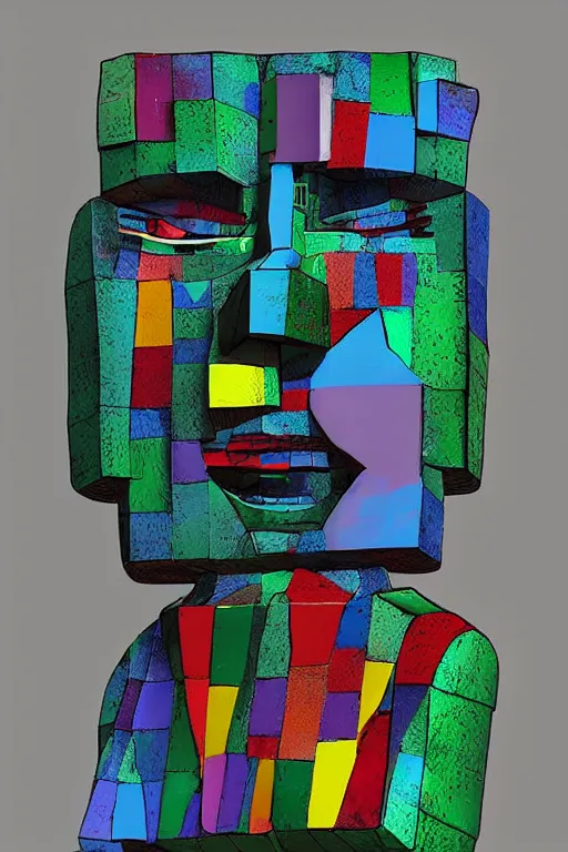 Image similar to cubist moai statue cutout digital illustration cartoon colorful beeple