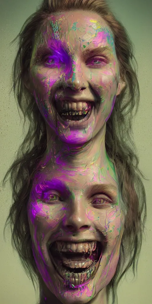 Image similar to impossibly beautiful portrait, single face, dapper dream demon, bad trip, insane smile, intricate complexity, surreal horror, inverted neon rainbow drip paint, trending on art station, photoreal, 8 k, octane render by greg rutkowski