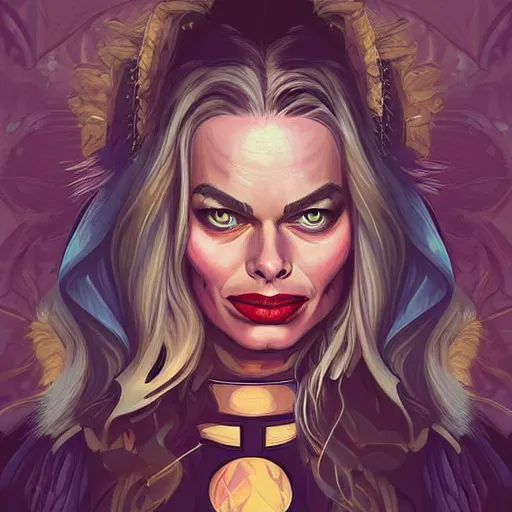 Image similar to “A portrait of a demonic Margot Robbie, digital art by Dan Mumford and Peter Mohrbacher, highly detailed, trending on DeviantArtHQ”