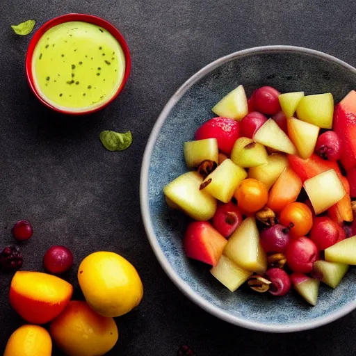 Image similar to a mouth - watering sharon fruit salad served with garlic dressing, 8 k resolution, food photography, studio lighting, sharp focus, hyper - detailed