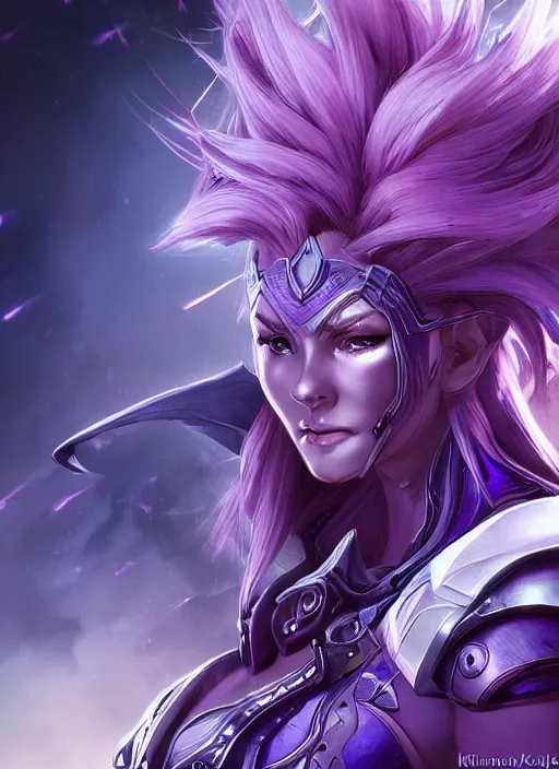 Image similar to close up portrait of sci - fi alleria windrunner with purple hair, pale blue backlight, powerful, domineering, stoic, intense, ultrafine hyperdetailed illustration by kim jung gi, irakli nadar, intricate linework, sharp focus, octopath traveler, yoji shinkawa, highly rendered, detailed, concept art