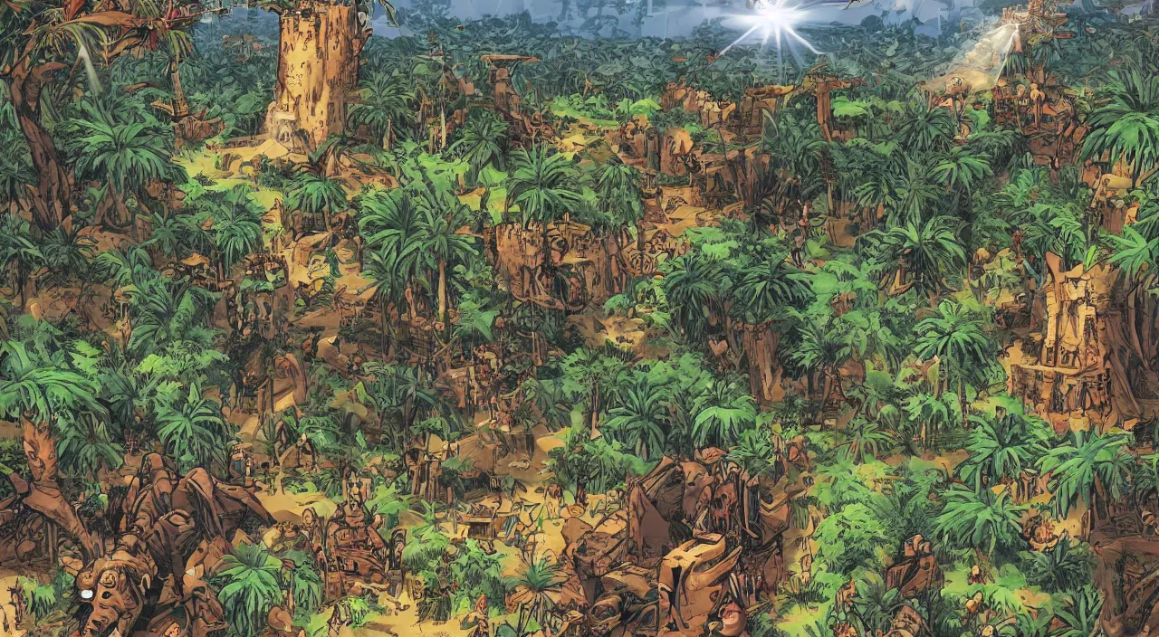 Prompt: zouk fabric wall fortress countryside jungle dirt a spectacular view cinematic rays of sunlight comic book illustration, by john kirby