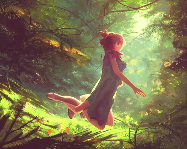 Prompt: a girl that has wings on her back hovering in a forest, green foliage, sunlit, wide, trees, matte painting, digital illustration, very vibrant colors, soft lighting, adventurous, atmospheric lighting, 8K, octane render. By Makoto Shinkai, Stanley Artgerm Lau, WLOP, Rossdraws, James Jean, Andrei Riabovitchev, Marc Simonetti, krenz cushart, Sakimichan, D&D trending on ArtStation, digital art.