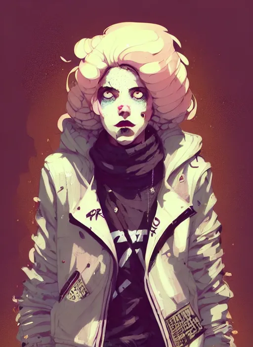Prompt: highly detailed portrait of a sewer punk lady, tartan hoody, white afro hair by atey ghailan, by greg rutkowski, by greg tocchini, by james gilleard, by joe fenton, by kaethe butcher, gradient peach, brown, blonde cream and white color scheme, grunge aesthetic!!! ( ( graffiti tag wall background ) )