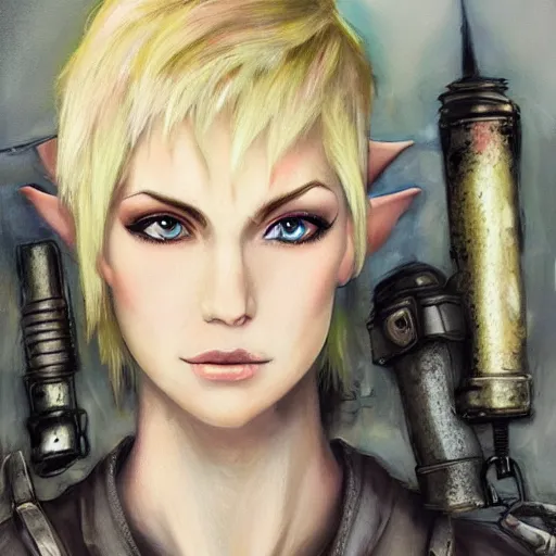 Prompt: close up headshot of a skinny female high-fantasy elf with a long face narrow chin and short spiky blonde hair wearing dark brown overalls and holding a bomb next to a destroyed car, gel spiked blond hair, small ears, narrow lips, high resolution film still, HDR color, painting by artgerm