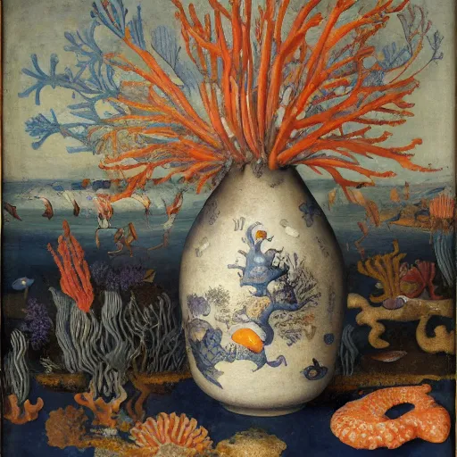 Prompt: bottle vase of coral under the sea decorated with a dense field of stylized scrolls that have opaque outlines enclosing mottled blue washes, with orange shells and purple fishes, Ambrosius Bosschaert the Elder, oil on canvas